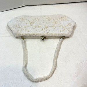 VTG Handmade White Pearl Beads Floral Pattern Kiss Lock Evening Purse Handbag